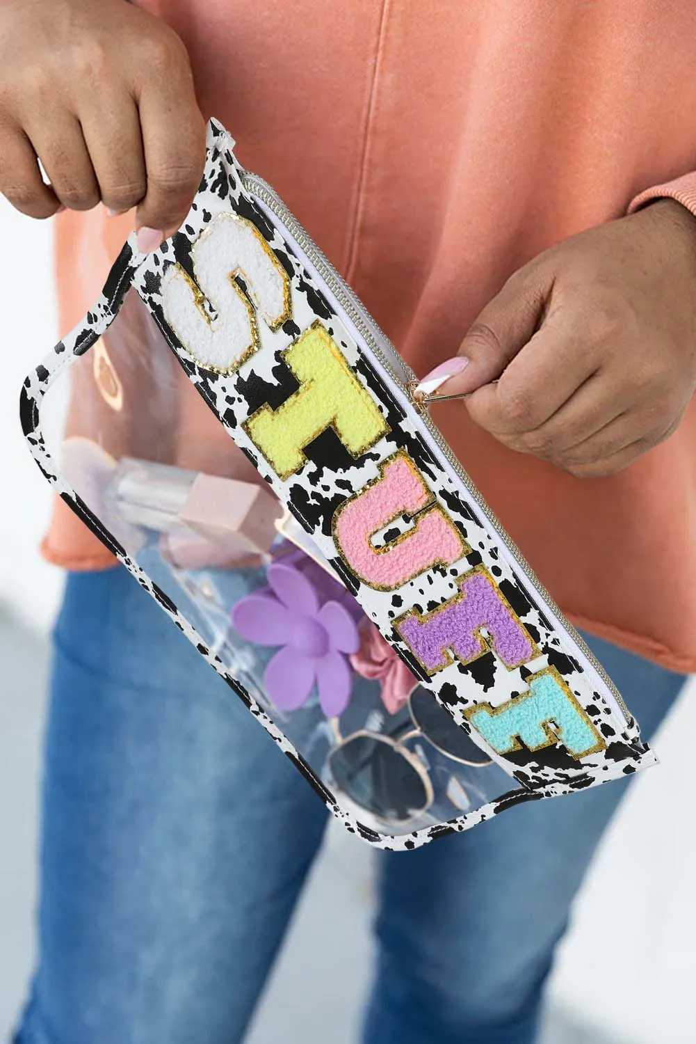 Black STUFF Cow Print Transparent Zipped Pouch