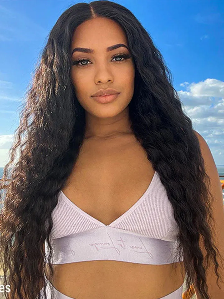 Bohemian Curly 5×5 Closure Lace Glueless Mid Part Long Wig 100% Human Hair