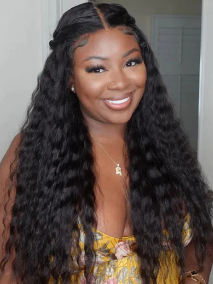 Bohemian Curly 5×5 Closure Lace Glueless Mid Part Long Wig 100% Human Hair