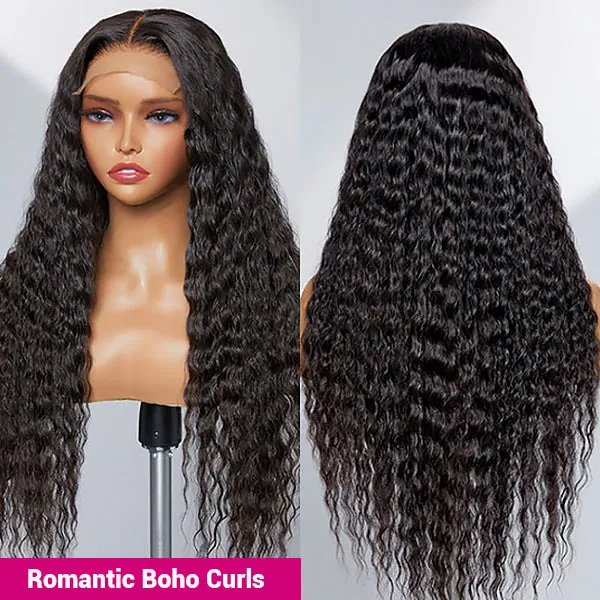Bohemian Curly 5×5 Closure Lace Glueless Mid Part Long Wig 100% Human Hair