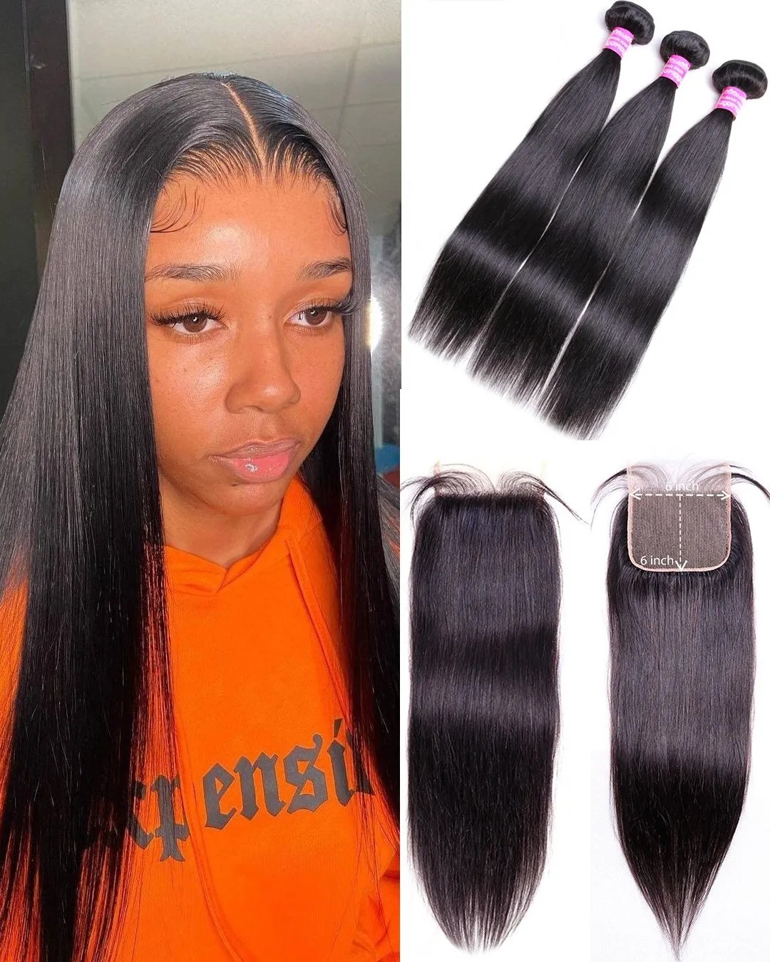 Brazilian Straight Bundles With 6×6 Closure 10A Grade 100% Human Remy Hair MYLOCKME