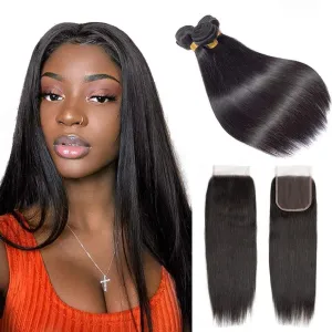 Brazilian Straight Bundles With 6×6 Closure 10A Grade 100% Human Remy Hair MYLOCKME