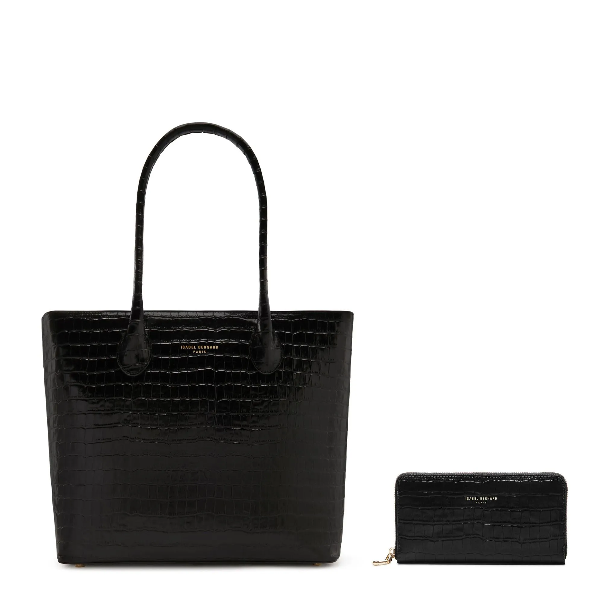 Cadeau d'Isabel croco black calfskin leather shopper and zipper wallet gift set