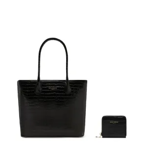 Cadeau d'Isabel croco black calfskin leather shopper and zipper wallet gift set