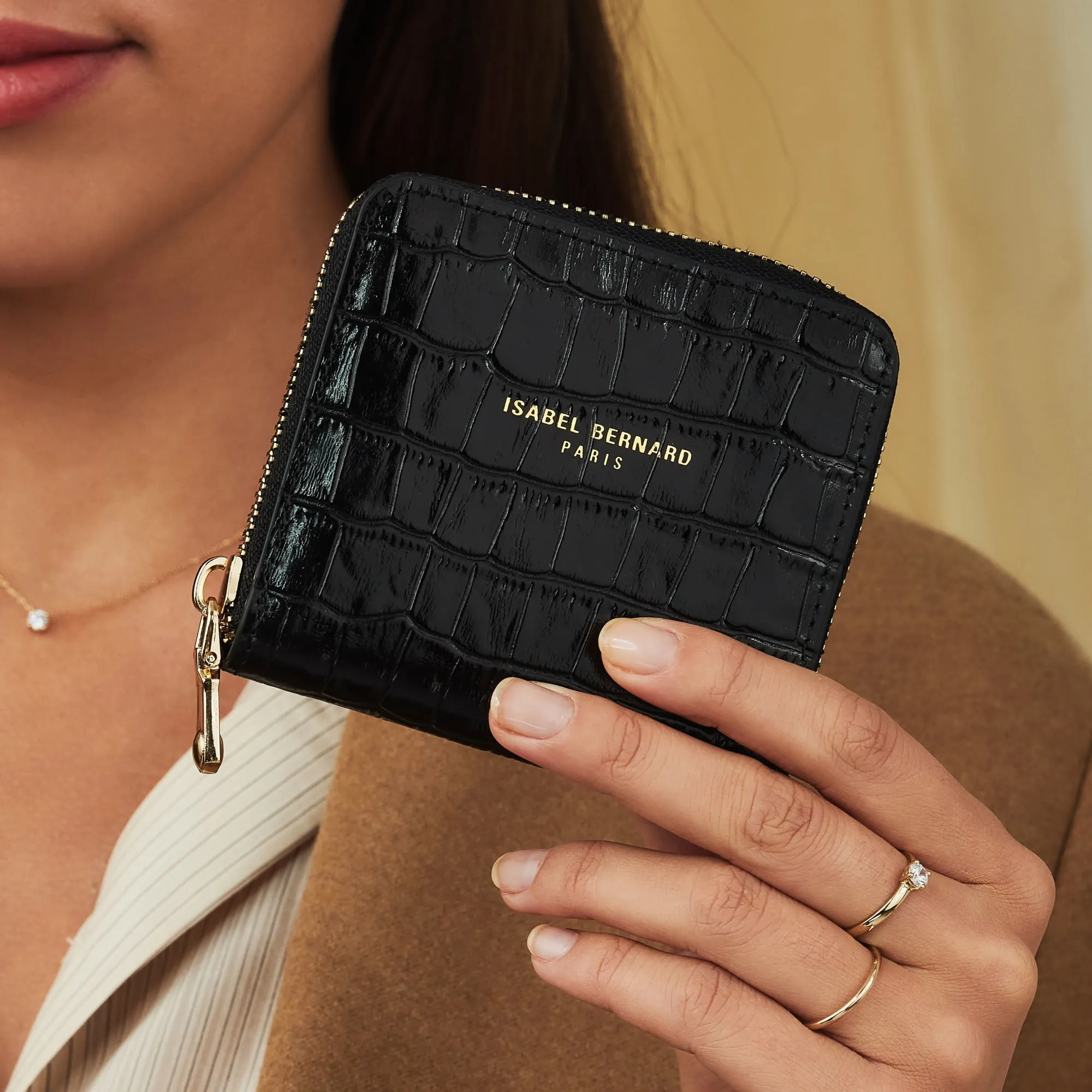 Cadeau d'Isabel croco black calfskin leather shopper and zipper wallet gift set