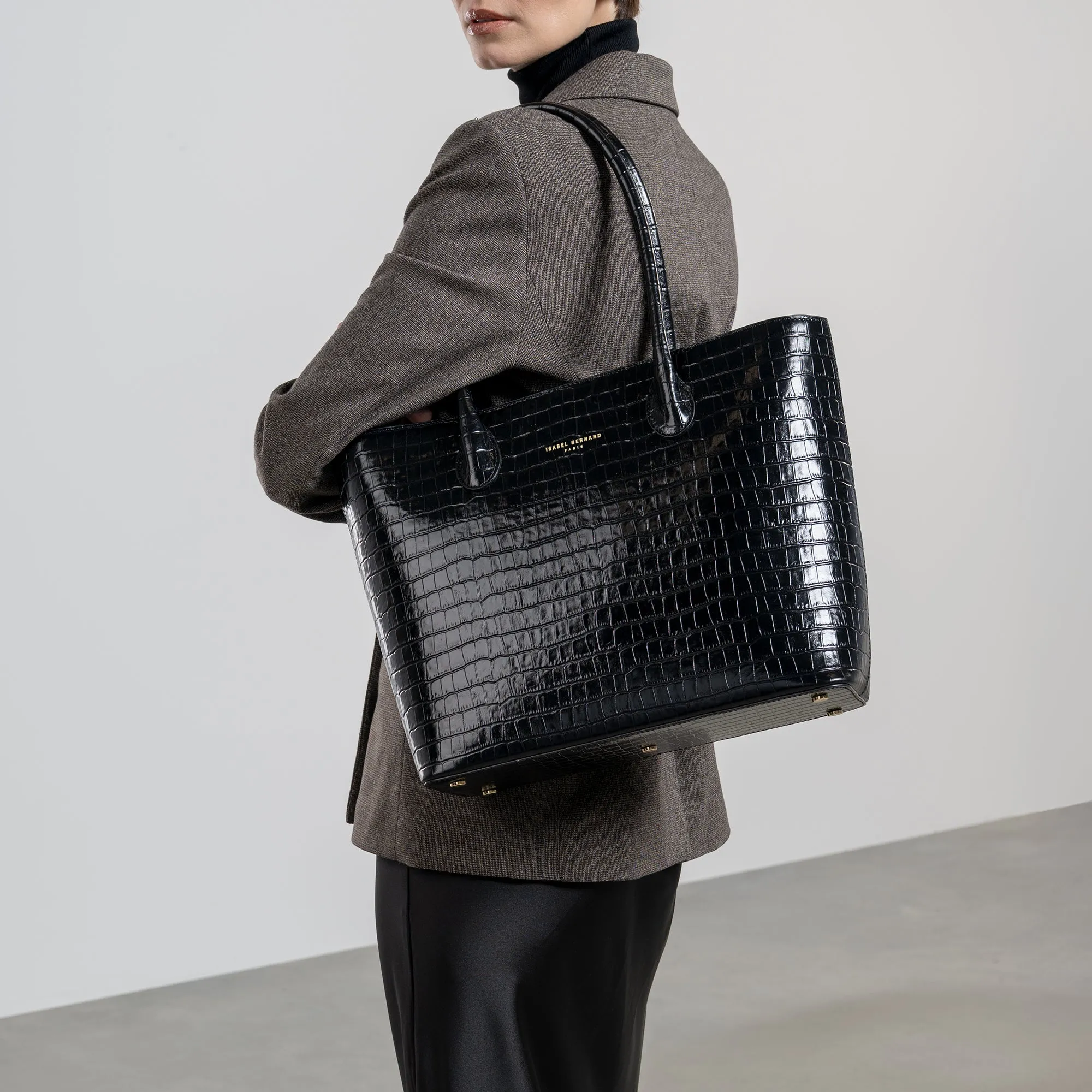 Cadeau d'Isabel croco black calfskin leather shopper and zipper wallet gift set