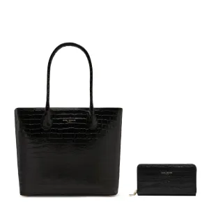 Cadeau d'Isabel croco black calfskin leather shopper and zipper wallet gift set