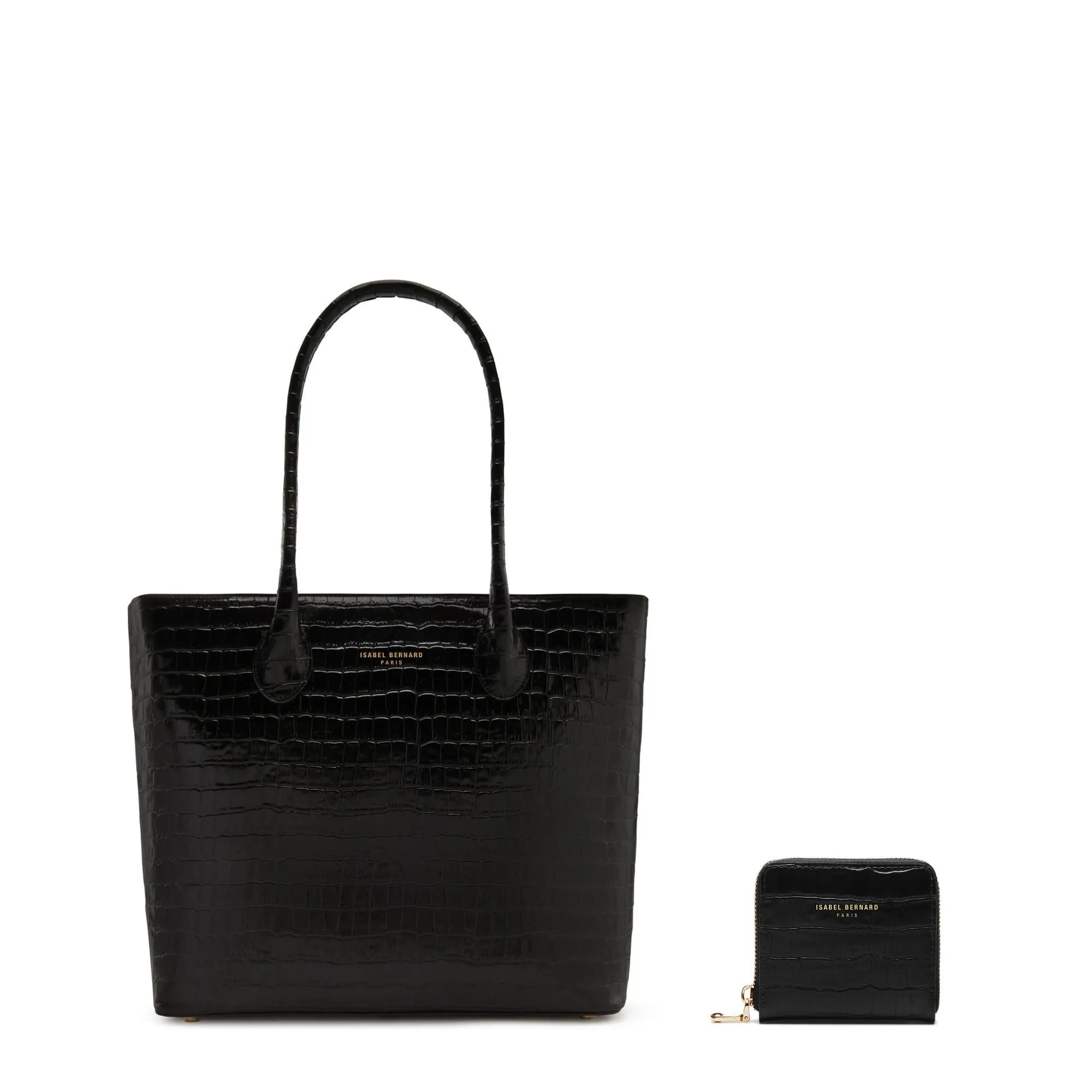 Cadeau d'Isabel croco black calfskin leather shopper and zipper wallet gift set