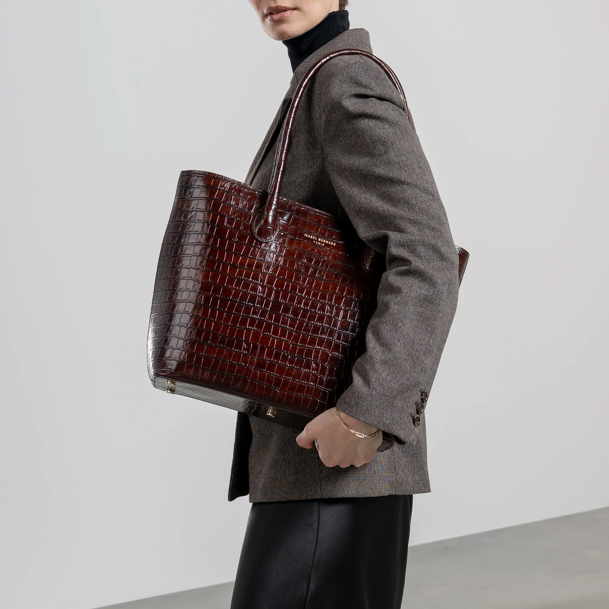 Cadeau d'Isabel croco brown calfskin leather shopper and zipper wallet gift set