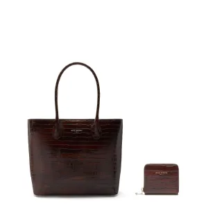 Cadeau d'Isabel croco brown calfskin leather shopper and zipper wallet gift set