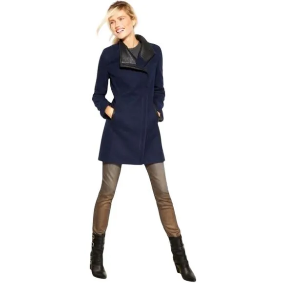 Calvin Klein Asymmetrical Faux-Leather-Trim Wool-Blend Pea Coat Size 3X
