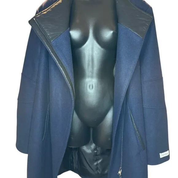 Calvin Klein Asymmetrical Faux-Leather-Trim Wool-Blend Pea Coat Size 3X