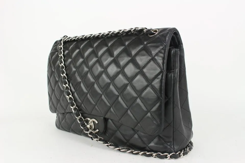 Chanel Black Quilted Lambskin Maxi Classic Double Flap Silver Chain 69cas726
