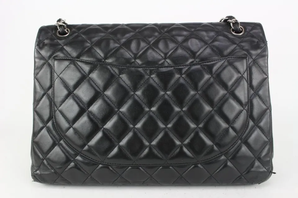 Chanel Black Quilted Lambskin Maxi Classic Double Flap Silver Chain 69cas726