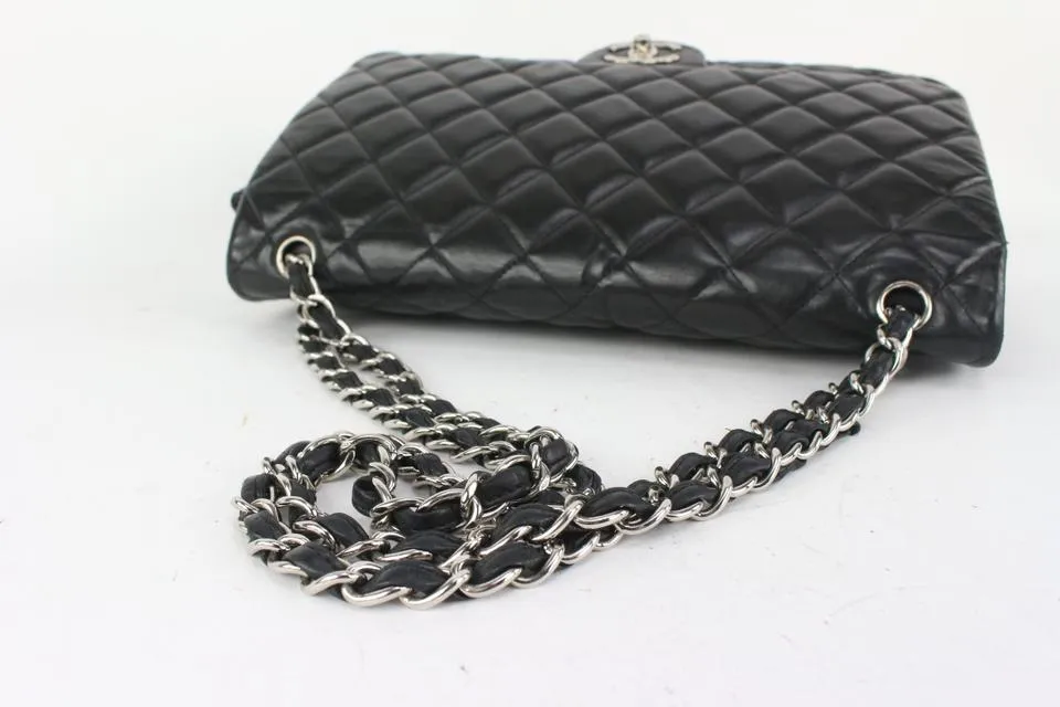 Chanel Black Quilted Lambskin Maxi Classic Double Flap Silver Chain 69cas726