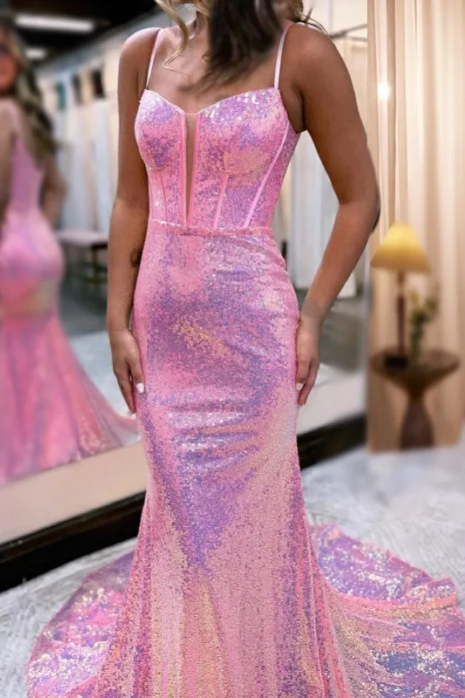 Charming Sequin Mermaid Spaghetti Straps Long Prom Dress