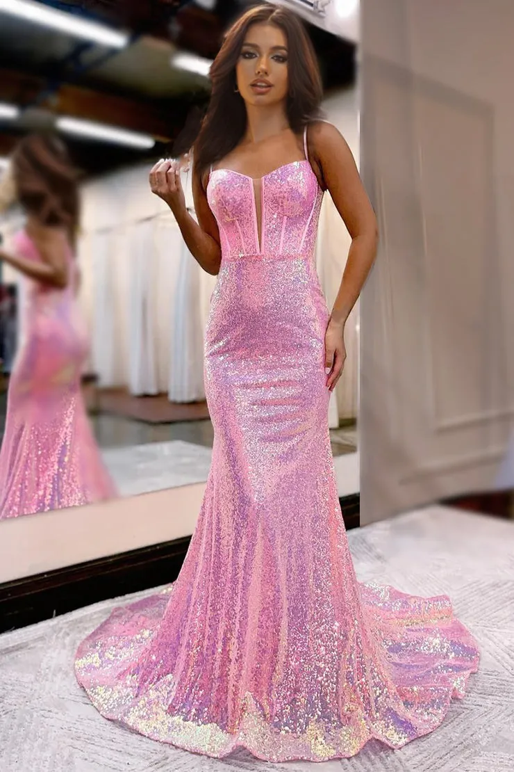 Charming Sequin Mermaid Spaghetti Straps Long Prom Dress