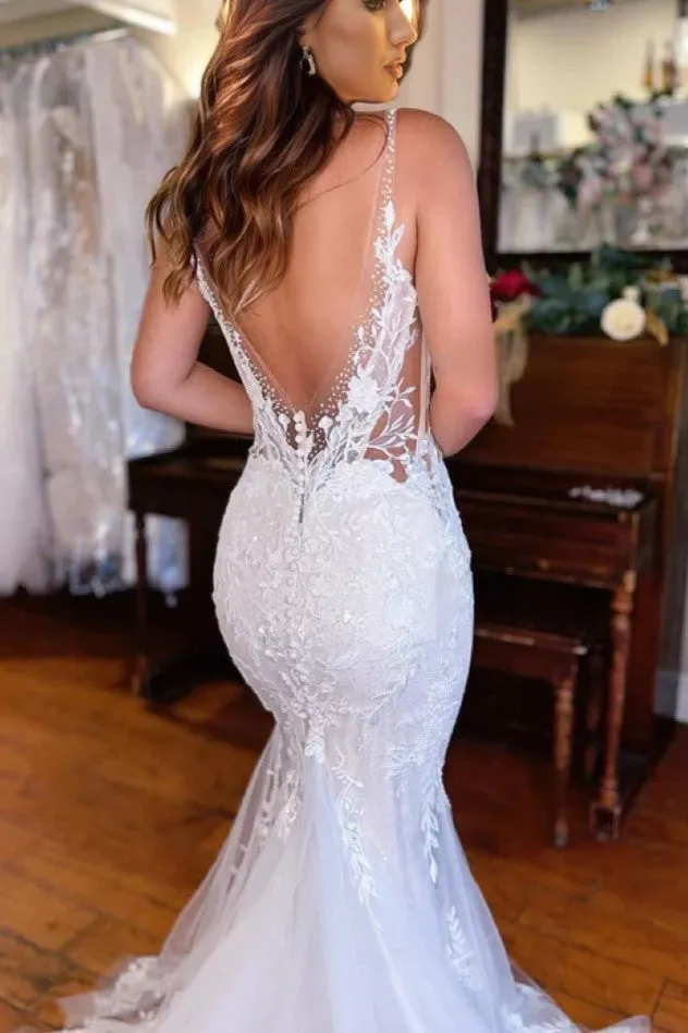 Charming V-Neck Mermaid Lace Long Wedding Dress