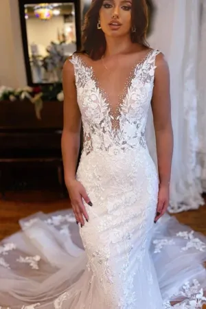 Charming V-Neck Mermaid Lace Long Wedding Dress