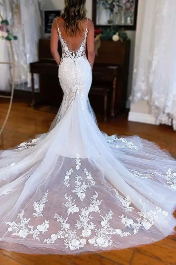 Charming V-Neck Mermaid Lace Long Wedding Dress