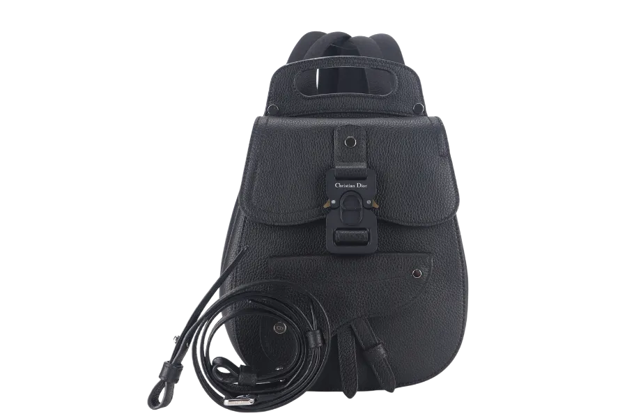 CHRISTIAN DIOR SADDLE BACKPACK SMALL BLACK CALFSKIN LEATHER SILVER HARDWARE WITH CARD AND STRAPS