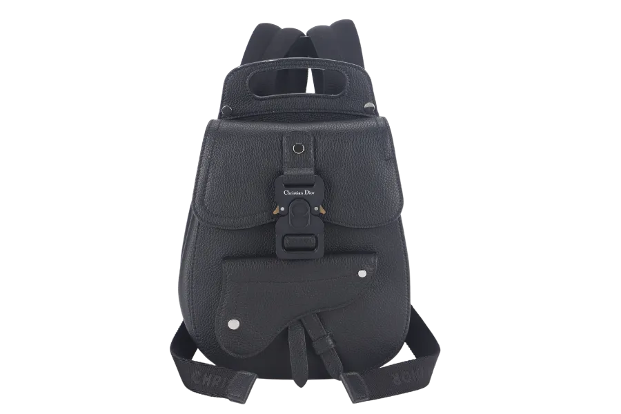 CHRISTIAN DIOR SADDLE BACKPACK SMALL BLACK CALFSKIN LEATHER SILVER HARDWARE WITH CARD AND STRAPS