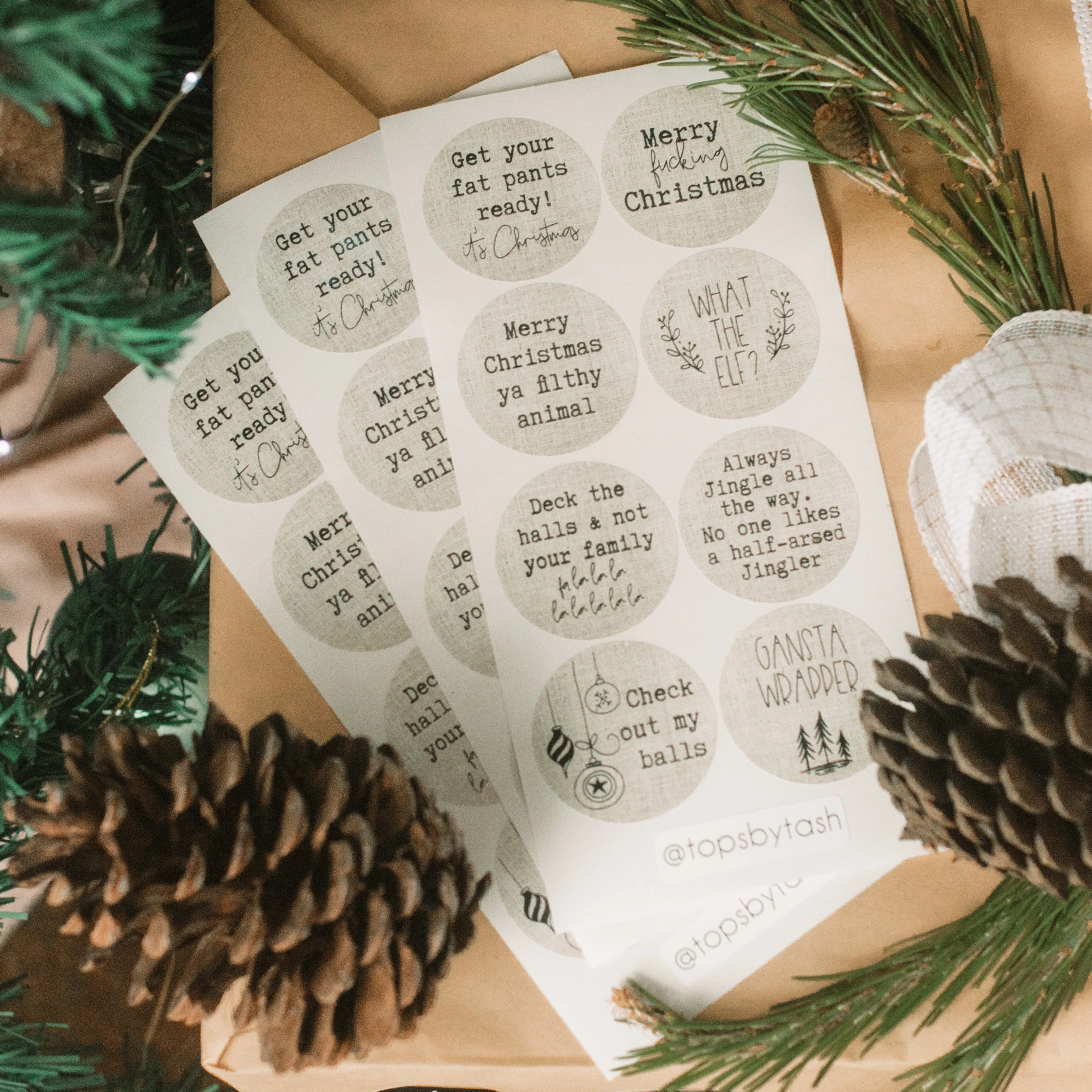 Christmas fun sweary label stickers - 40mm circles