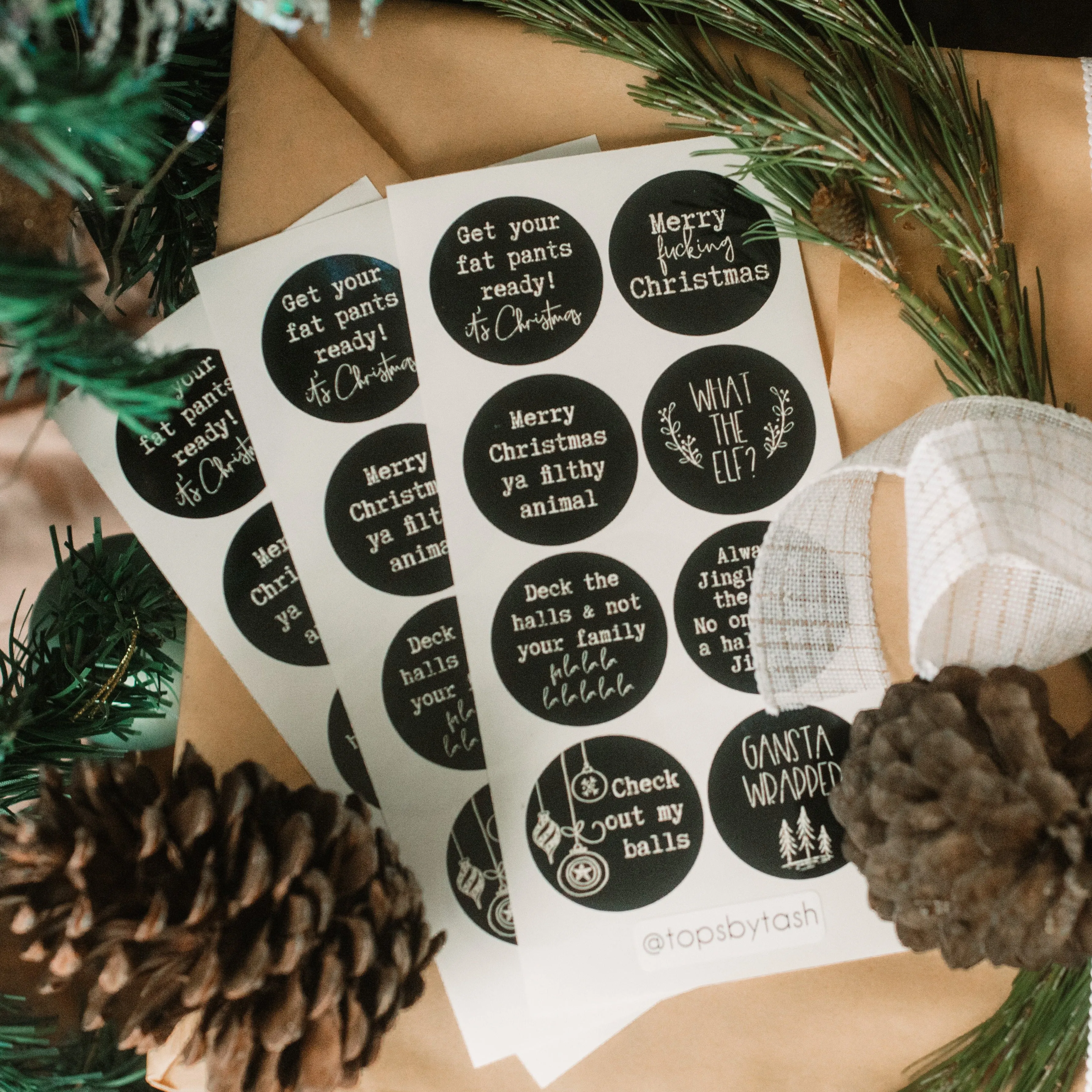 Christmas fun sweary label stickers - 40mm circles