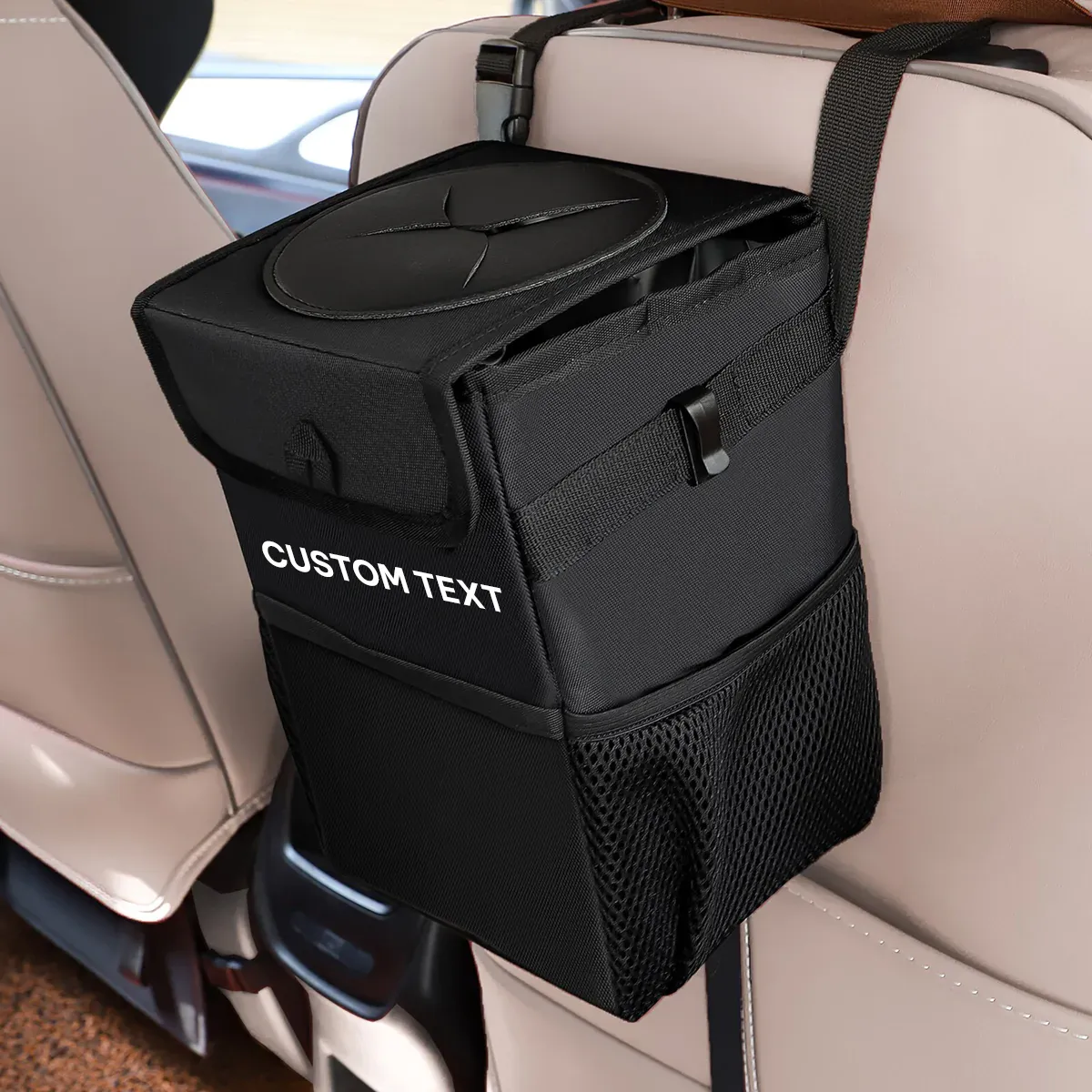 Custom Text Waterproof Car Trash Can with Lid and Storage Pockets, 100% Leak-Proof Car Organizer, Waterproof Car Garbage Can, Multipurpose Trash Bin for Car