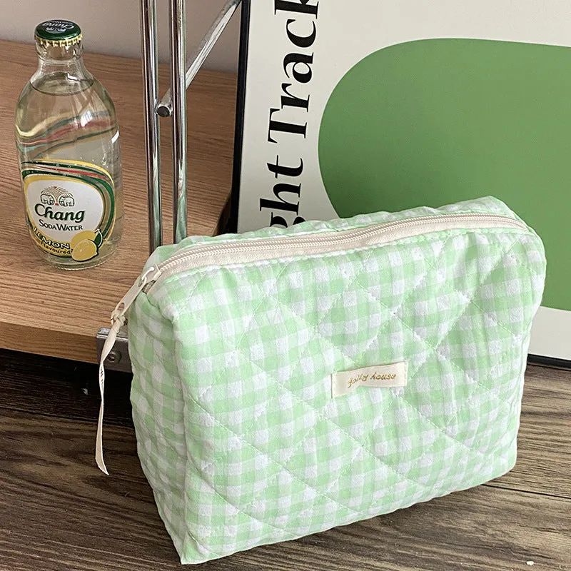 Cute Purple Pink Green Plaid Floral Quilted Cotton Large Nappy Bag, Large Capacity Makeup Bag