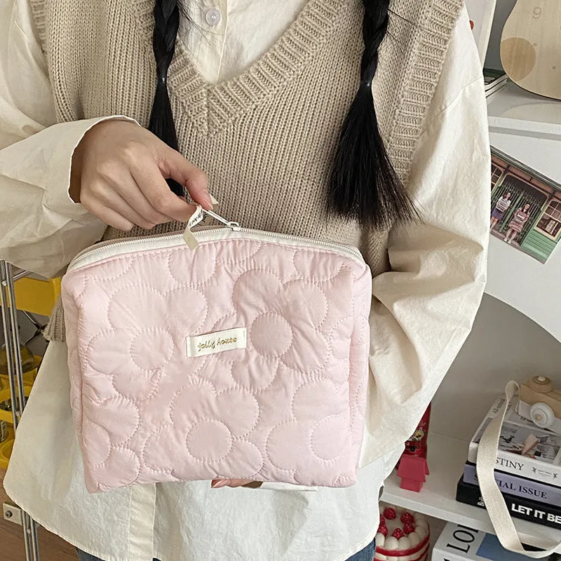Cute Purple Pink Green Plaid Floral Quilted Cotton Large Nappy Bag, Large Capacity Makeup Bag