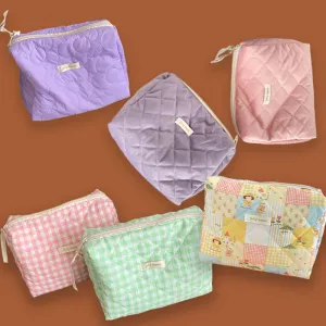 Cute Purple Pink Green Plaid Floral Quilted Cotton Large Nappy Bag, Large Capacity Makeup Bag