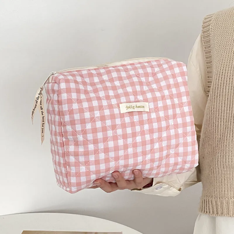 Cute Purple Pink Green Plaid Floral Quilted Cotton Large Nappy Bag, Large Capacity Makeup Bag