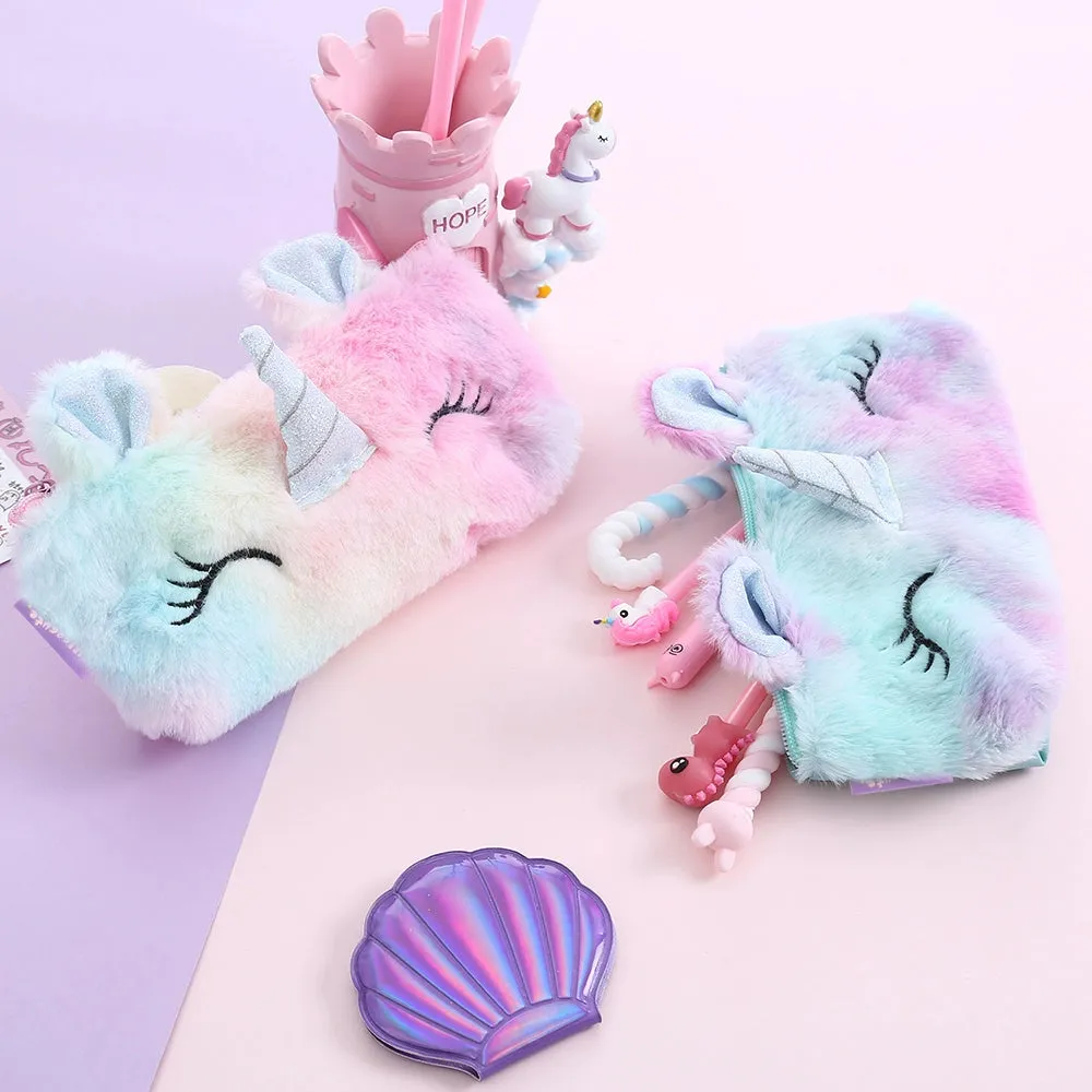 Cute Unicorn Winter Plush Pencil Case 🦄✨ | Kawaii Cartoon Storage Bag for Young Girls 🎀📚
