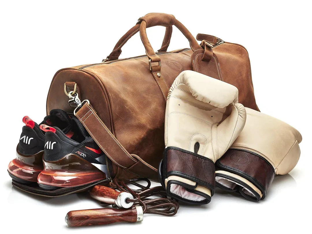 DELUXE TAN LEATHER SPORTS DUFFLE BAG