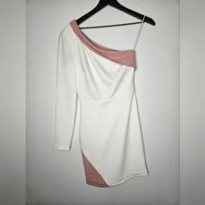 Dress The Population Long Sleeve One Shoulder Color block XS  Dress White Pink