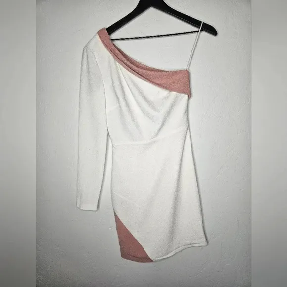 Dress The Population Long Sleeve One Shoulder Color block XS  Dress White Pink