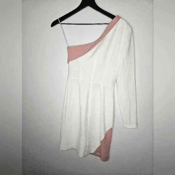 Dress The Population Long Sleeve One Shoulder Color block XS  Dress White Pink