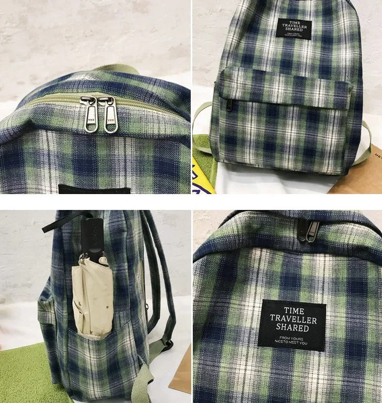 Durable Check Pattern School Daypack Canvas Travel Backpack for Women