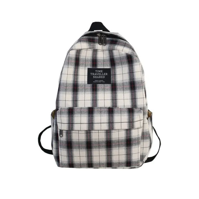 Durable Check Pattern School Daypack Canvas Travel Backpack for Women