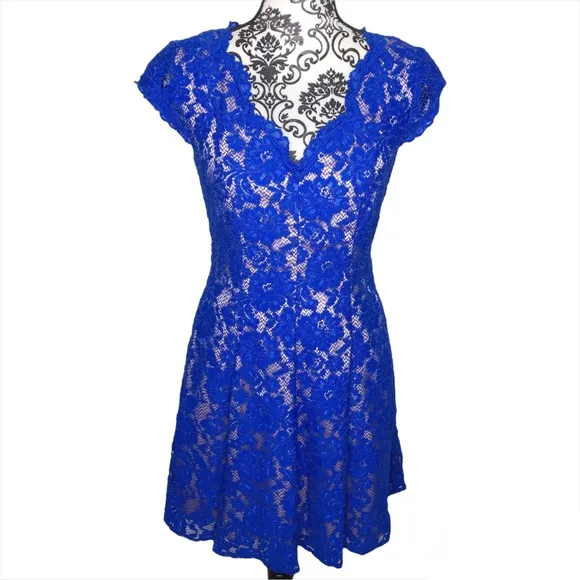 Eliza J Royal Blue Lace Overlay V Neck Dress