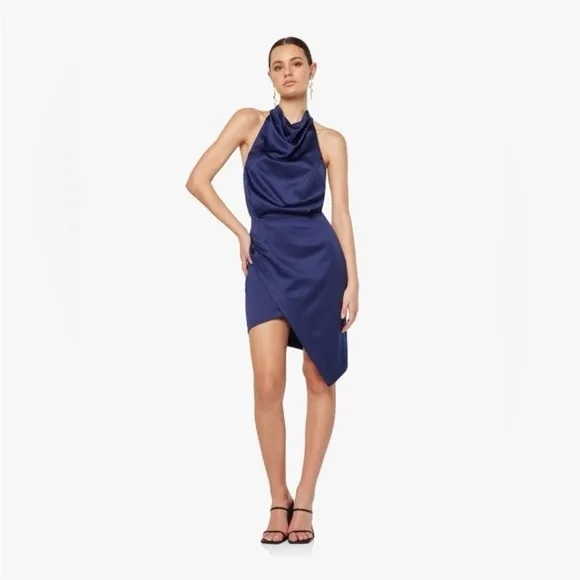 Elliatt Camo Halter Satin Asymmetric Hem Mini Dress Navy Blue Revolve