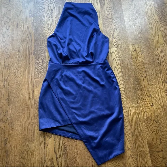 Elliatt Camo Halter Satin Asymmetric Hem Mini Dress Navy Blue Revolve