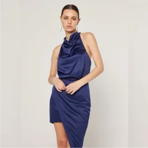 Elliatt Camo Halter Satin Asymmetric Hem Mini Dress Navy Blue Revolve