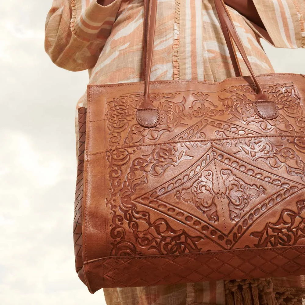 Embossed Soft Leather Handbag | Brown