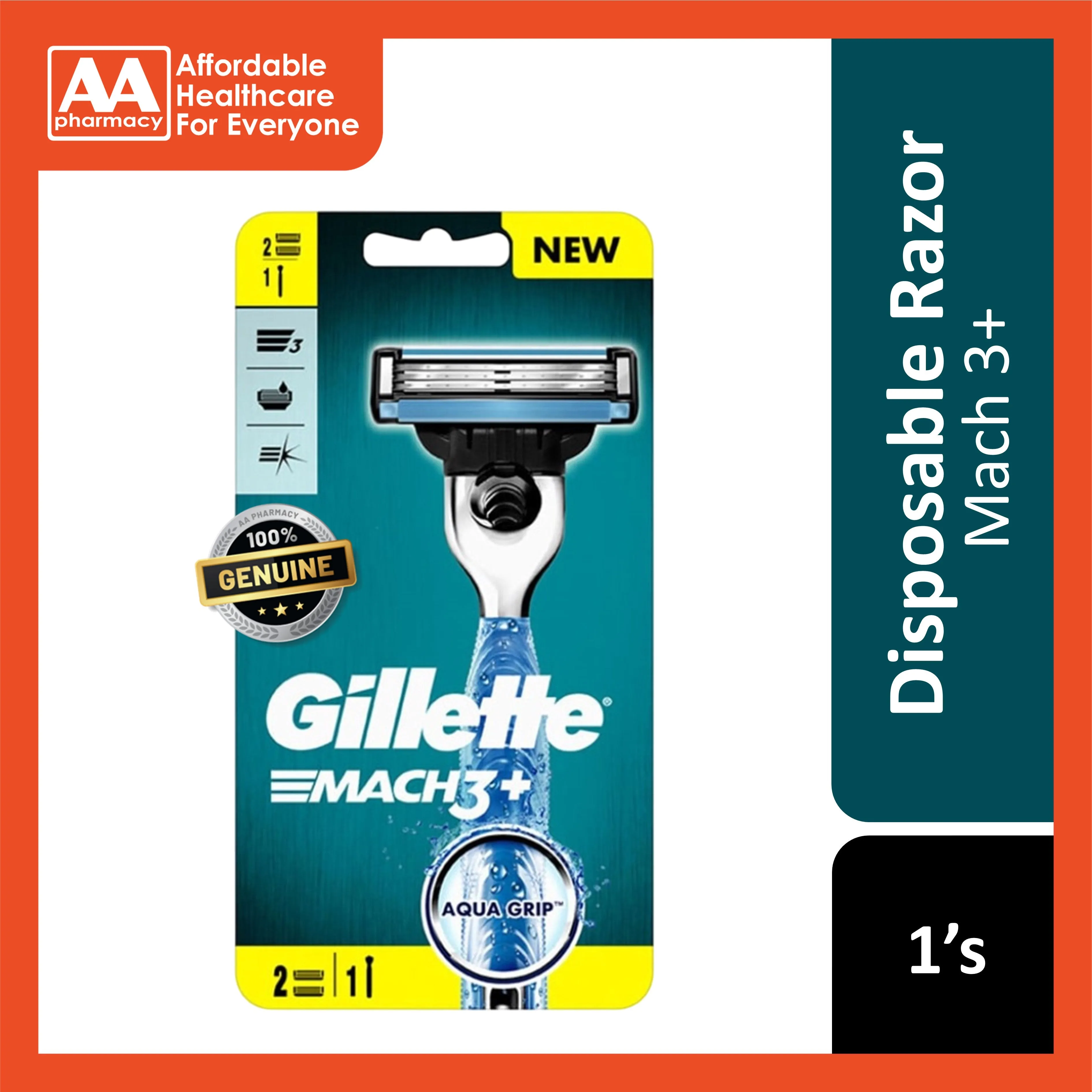 Gillette Mach 3  Aqua Grip Razor 2Up (1 Handle   2 Cartridges)