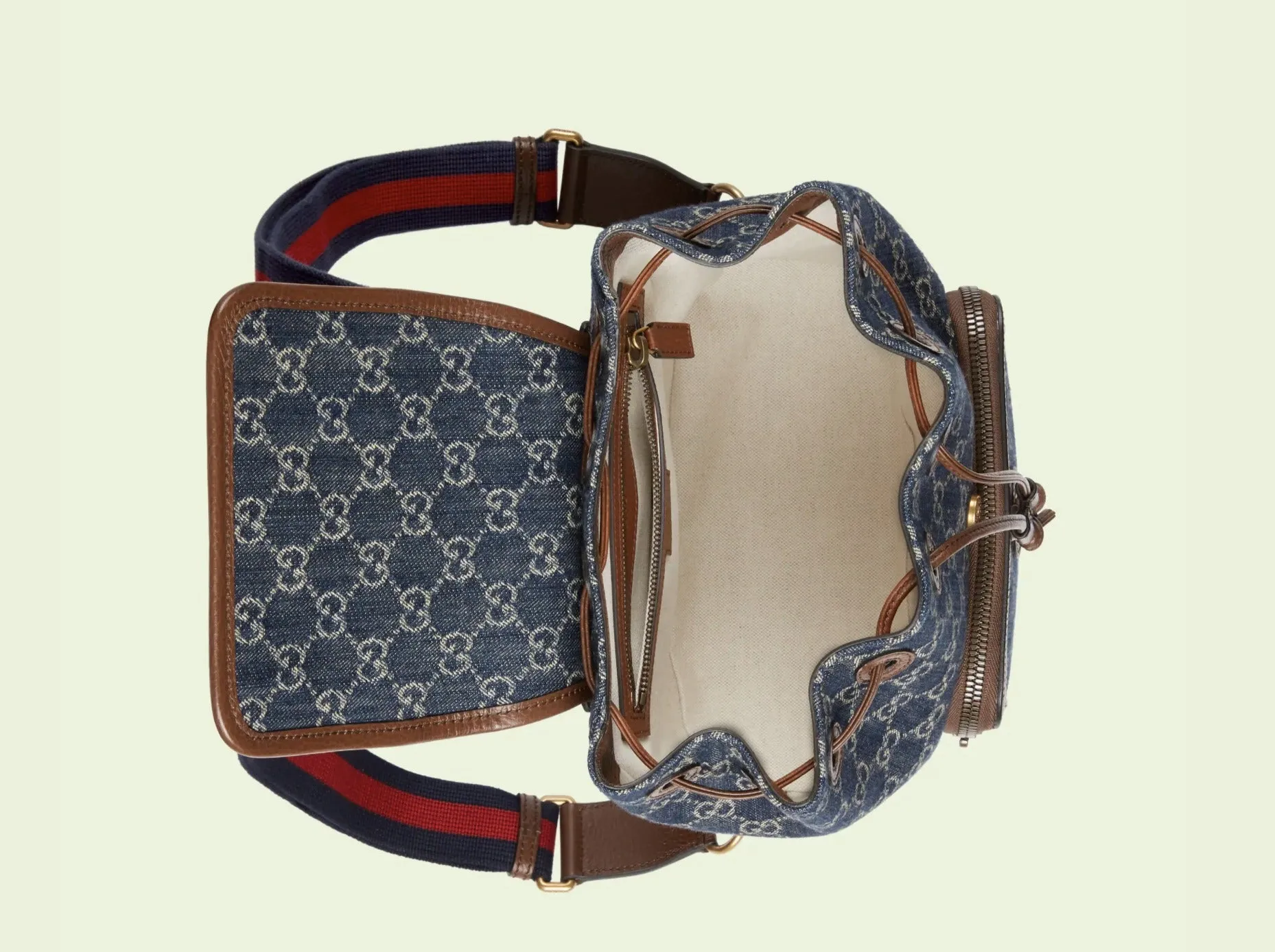 Gucci Backpack GG Denim with Brown Leather Trim