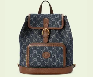 Gucci Backpack GG Denim with Brown Leather Trim