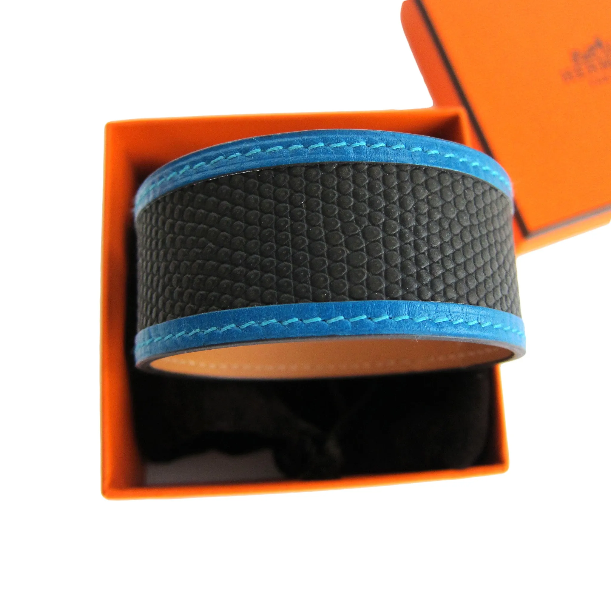 Hermes Black Blue Lizard Calf Leather Petit H Bracelet Cuff