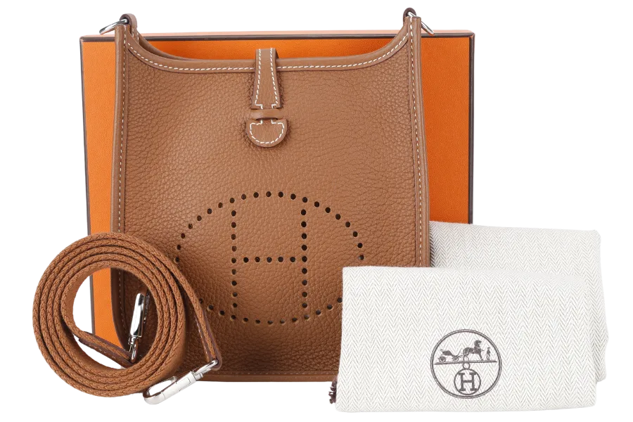 HERMES EVELYNE TPM GOLD CLEMENCE LEATHER SILVER HARDWARE STAMP U (YEAR 2022) WITH STRAPS, DUST COVER AND BOX